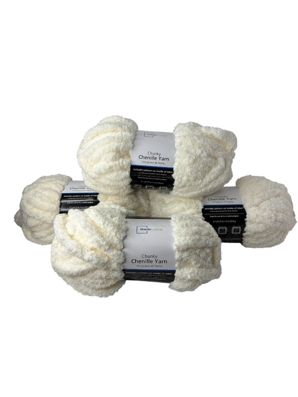 Mainstays Chenille Chunky Yarn 4 Pack 31.7 Yard Skein Polyester Ivory - Picture 1 of 7